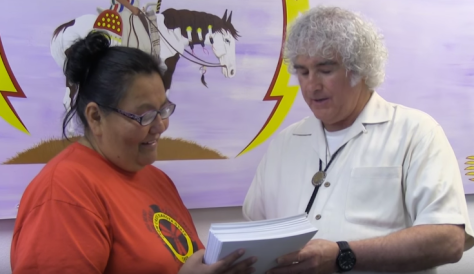 Lakota People's Law Project attorney Danny Sheehan gives Janice Howe the 1,200 letters of support from people who read the National Public Radio (NPR) series "Native Foster Care: Lost Children, Shattered Families." You can watch a video of Danny giving Janice the letters here: https://www.youtube.com/watch?v=gji9F23ssUY